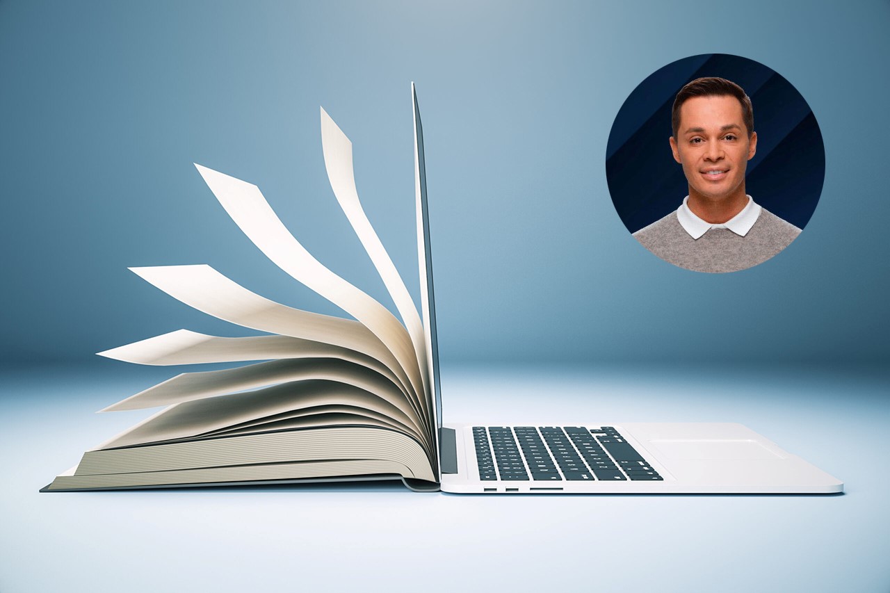 Fotomontage aus Buch und Laptop, im Hintergrund ein Ausschnitt eines AI Avatars
